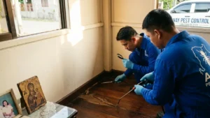 termite control in barangay bacnar applying a termite solution in the wooden floor