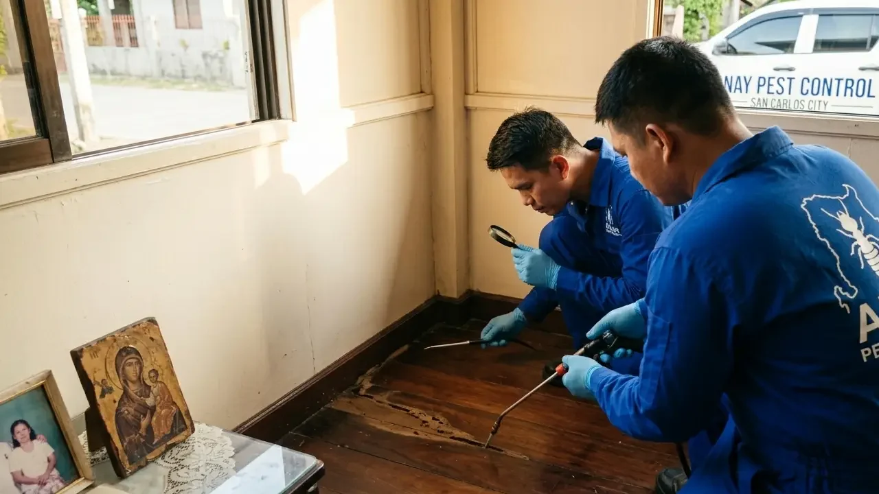 termite control in barangay bacnar applying a termite solution in the wooden floor