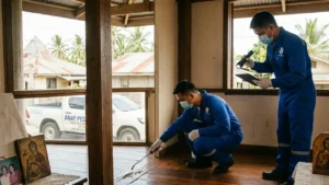 termite control in barangay bolingit applying solution on a wooden floor