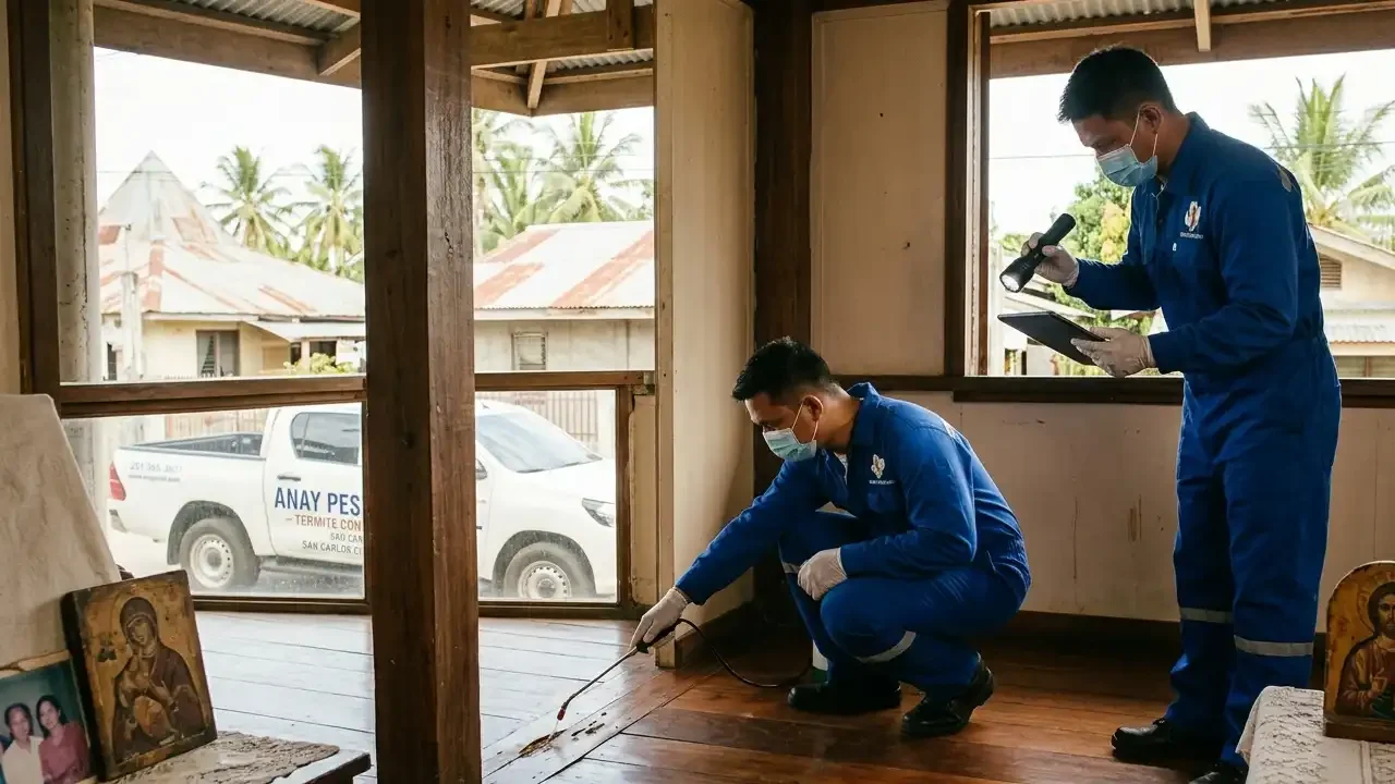termite control in barangay bolingit applying solution on a wooden floor